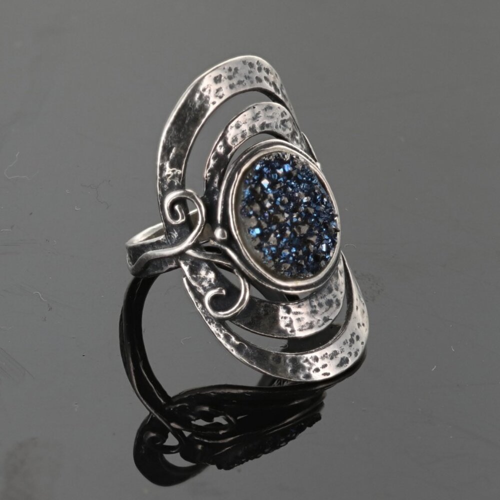 Or Paz Druzy Quartz Stone Hammered Sterling Silver Ring Shield Band Size 6